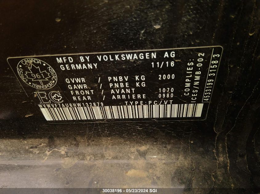 2017 Volkswagen Golf R VIN: WVWVF7AU6HW132879 Lot: 30038196