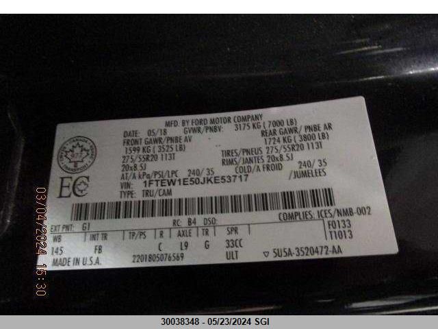 2018 Ford F150 Supercrew VIN: 1FTEW1E50JKE53717 Lot: 30038348