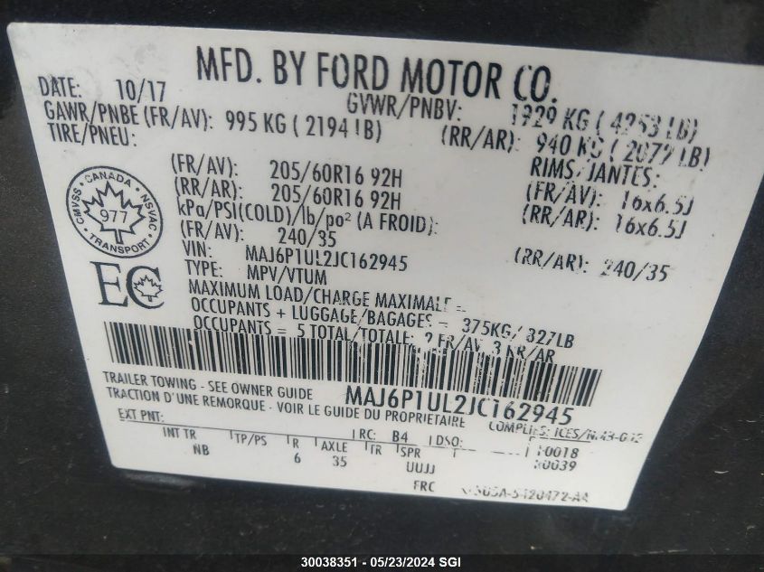 2018 Ford Ecosport Se VIN: MAJ6P1UL2JC162945 Lot: 30038351