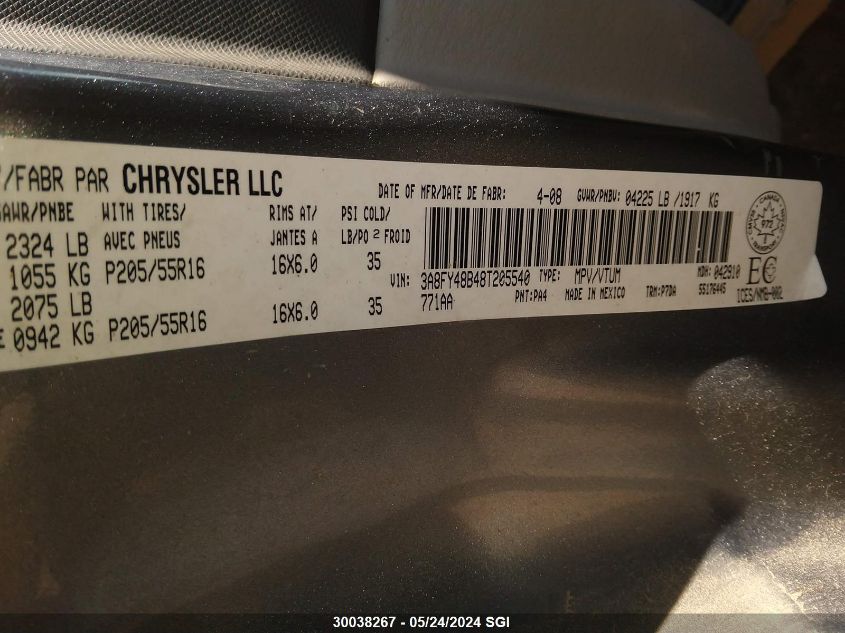 2008 Chrysler Pt Cruiser VIN: 3A8FY48B48T205540 Lot: 30038267