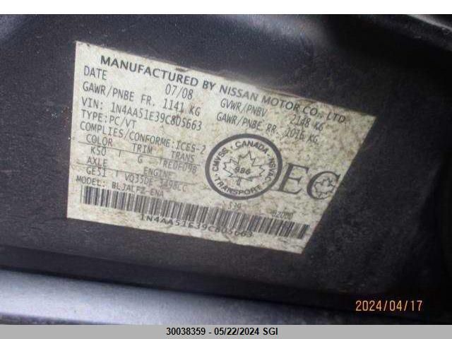 2009 Nissan Maxima S/Sv VIN: 1N4AA51E39C805663 Lot: 30038359