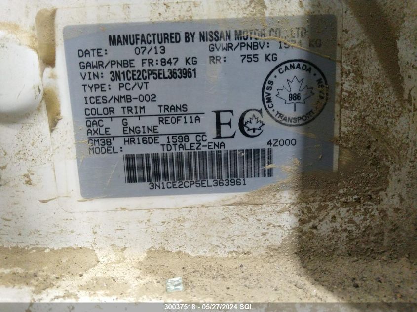 2014 Nissan Versa Note S/S Plus/Sv/Sl VIN: 3N1CE2CP5EL363961 Lot: 30037518