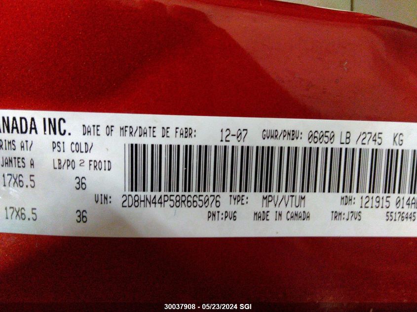 2008 Dodge Grand Caravan Sxt VIN: 2D8HN44P58R665076 Lot: 30037908