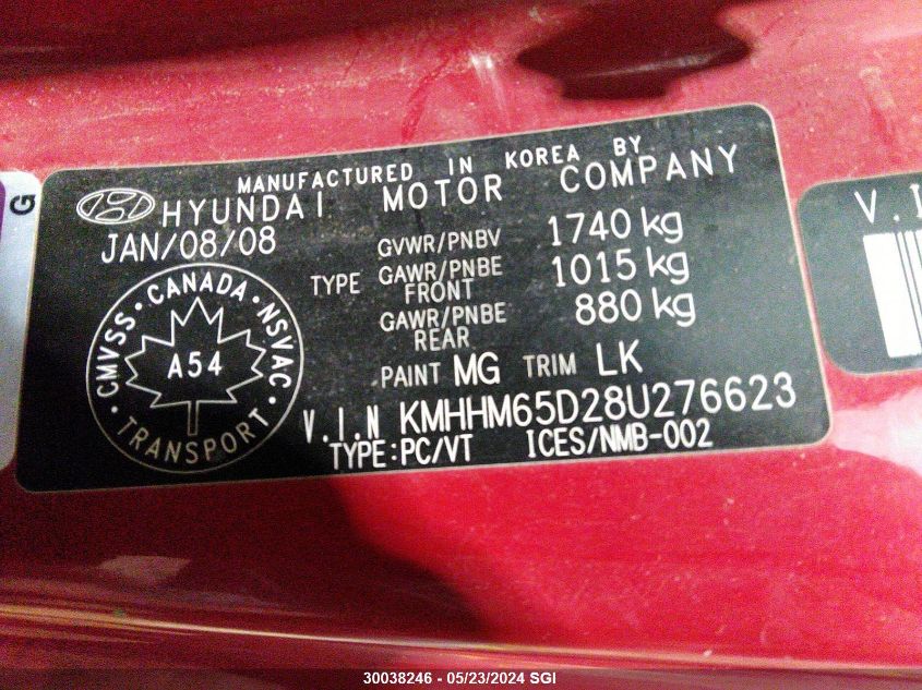 2008 Hyundai Tiburon Gs VIN: KMHHM65D28U276623 Lot: 30038246