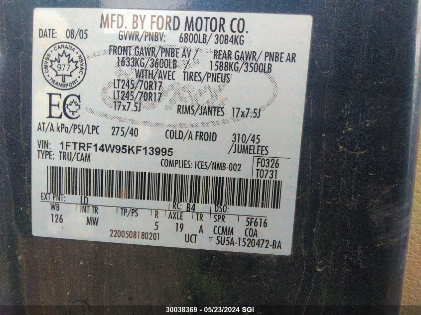 2005 Ford F150 VIN: 1FTRF14W95KF13995 Lot: 30038369