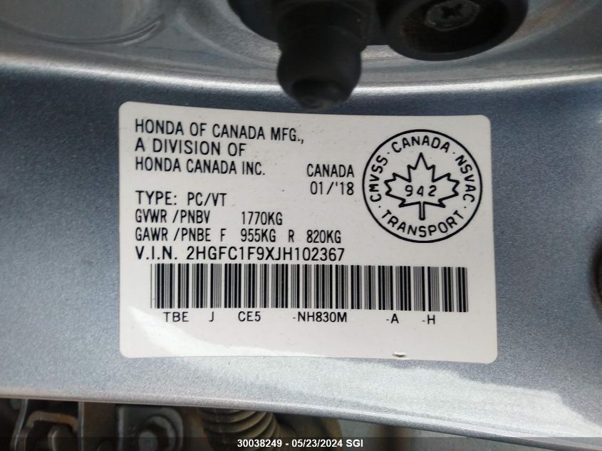 2018 Honda Civic Touring VIN: 2HGFC1F9XJH102367 Lot: 30038249