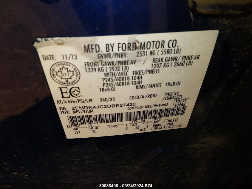 2013 Ford Edge Sel VIN: 2FMDK4JC2DBE27420 Lot: 30038408