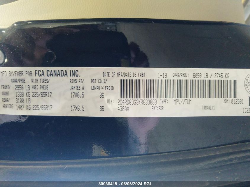 2019 Dodge Grand Caravan Crew VIN: 2C4RDGDG3KR633869 Lot: 30038419