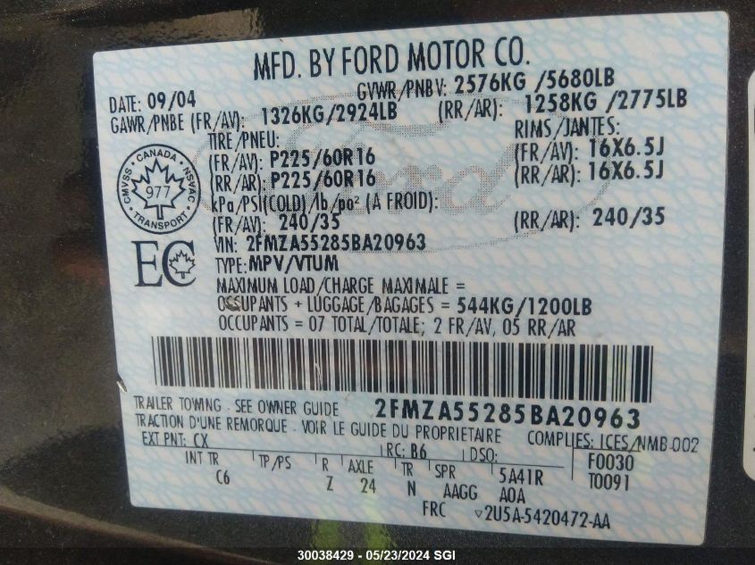 2005 Ford Freestar Se VIN: 2FMZA55285BA20963 Lot: 30038429