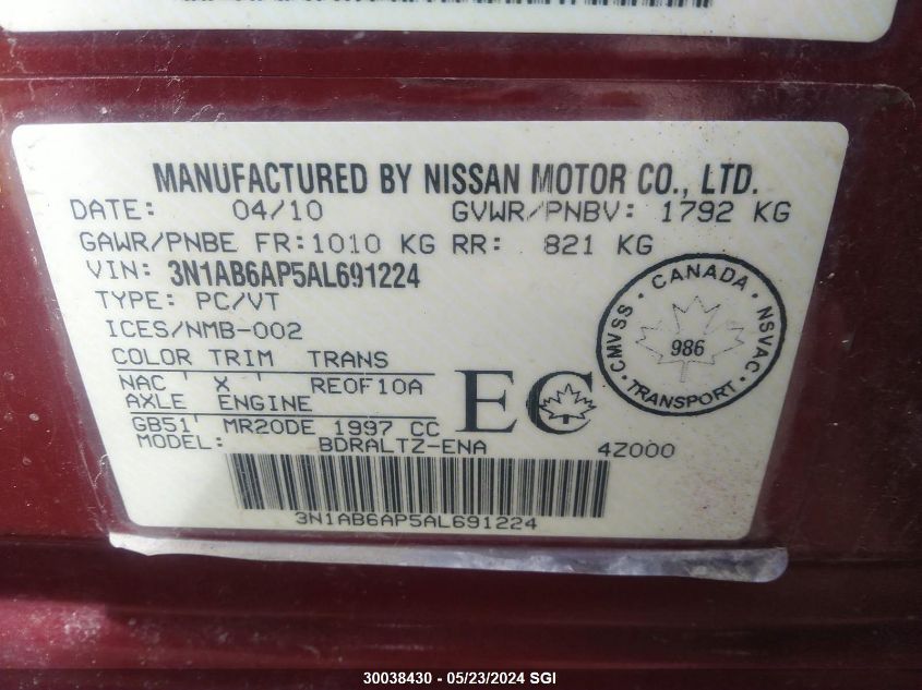 2010 Nissan Sentra 2.0/2.0S/Sr/2.0Sl VIN: 3N1AB6AP5AL691224 Lot: 30038430