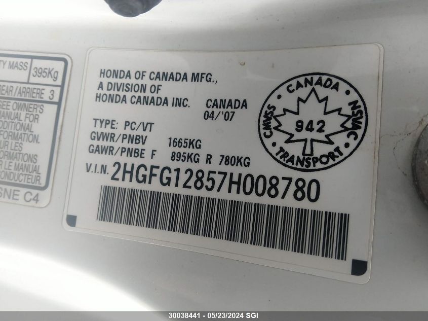 2007 Honda Civic Ex VIN: 2HGFG12857H008780 Lot: 30038441