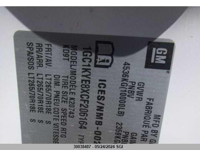 2012 Chevrolet Silverado K2500 Heavy Duty Ltz VIN: 1GC1KYE8XCF206164 Lot: 30038487