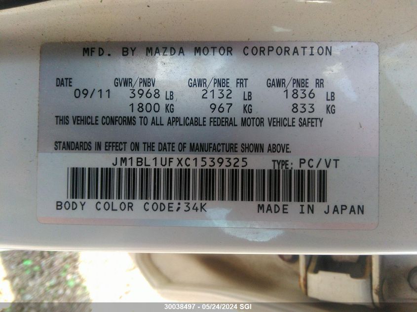 2012 Mazda 3 I VIN: JM1BL1UFXC1539325 Lot: 30038497