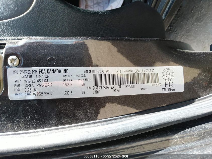 2018 Dodge Grand Caravan Gt VIN: 2C4RDGEG9JR313601 Lot: 30038110