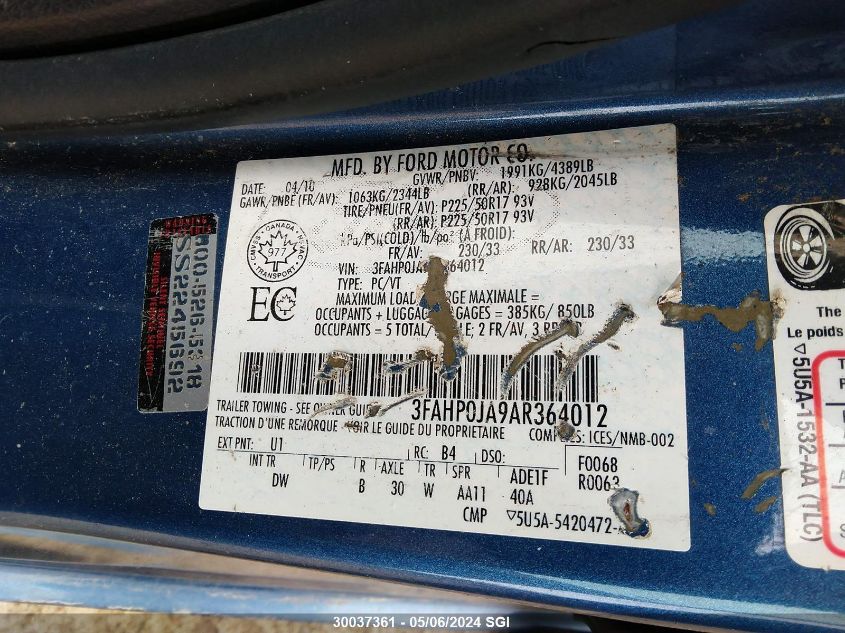 2010 Ford Fusion Sel VIN: 3FAHP0JA9AR364012 Lot: 30037361