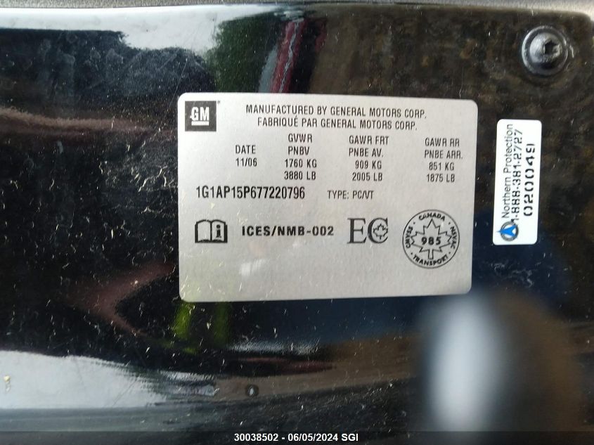 2007 Chevrolet Cobalt Ss Supercharged VIN: 1G1AP15P677220796 Lot: 30038502