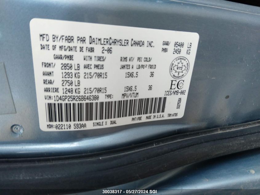 2006 Dodge Caravan Se VIN: 1D4GP25R26B646380 Lot: 30038317