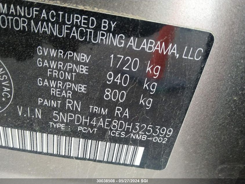 2013 Hyundai Elantra Gls/Limited VIN: 5NPDH4AE8DH325399 Lot: 30038508