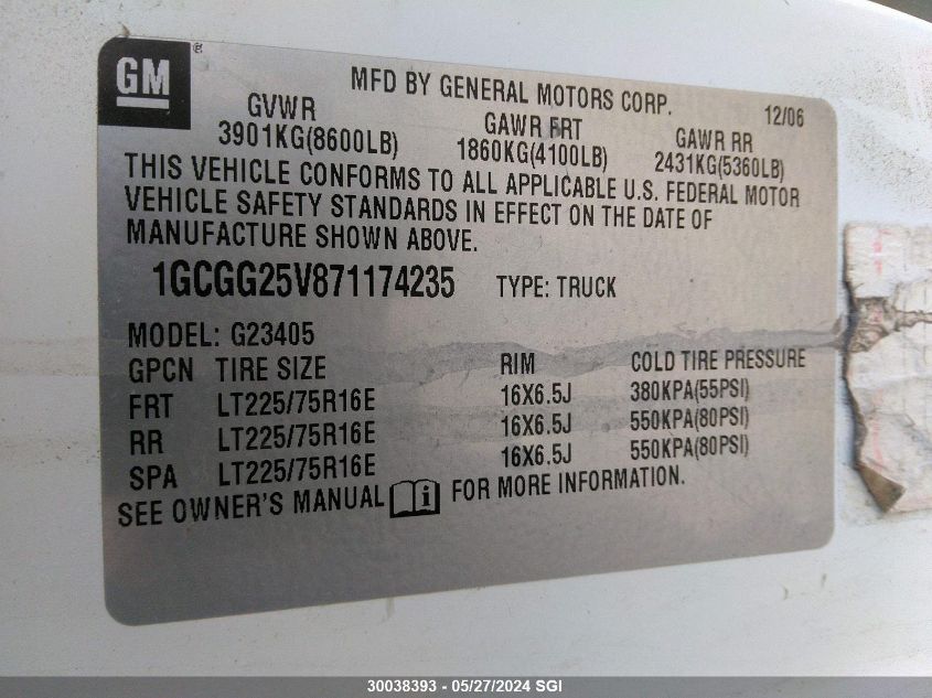 2007 Chevrolet Express G2500 VIN: 1GCGG25V871174235 Lot: 30038393