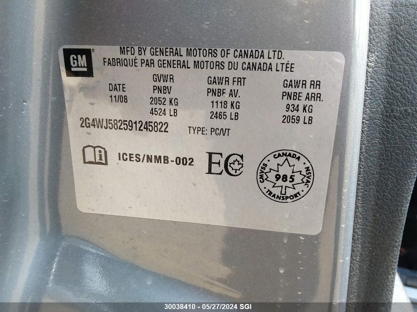 2009 Buick Allure Cxl VIN: 2G4WJ582591245822 Lot: 30038410