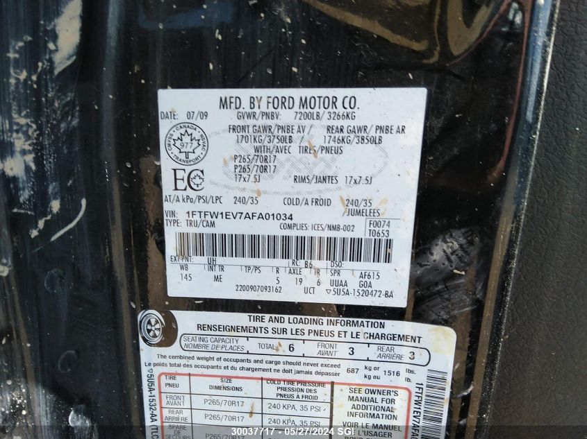 2010 Ford F150 Supercrew VIN: 1FTFW1EV7AFA01034 Lot: 30037717