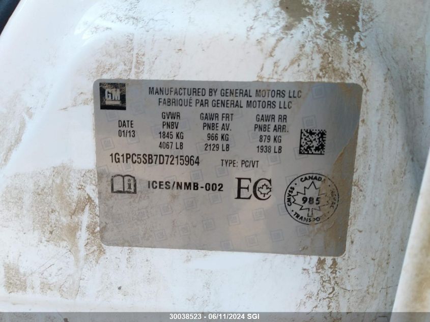 2013 Chevrolet Cruze Lt VIN: 1G1PC5SB7D7215964 Lot: 30038523