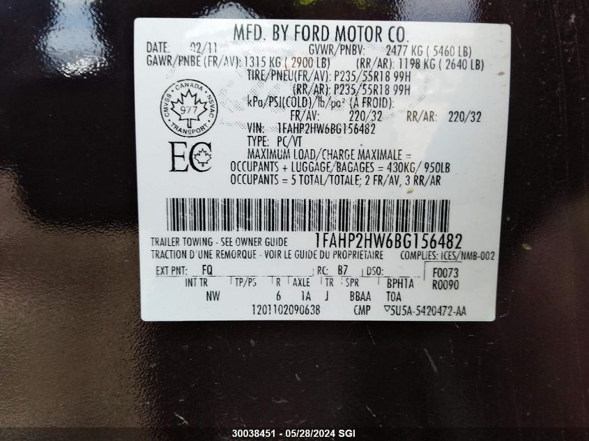 2011 Ford Taurus Sel VIN: 1FAHP2HW6BG156482 Lot: 30038451