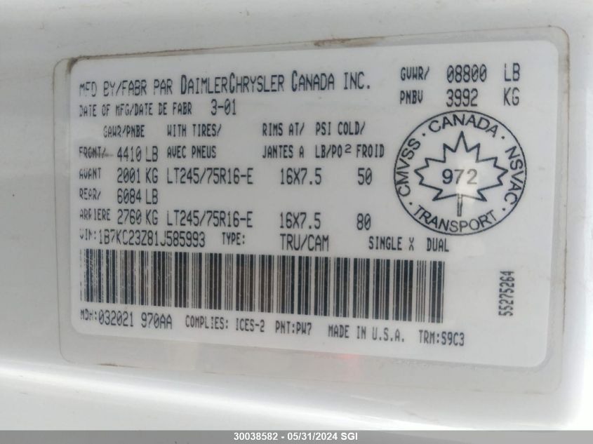 2001 Dodge Ram 2500 VIN: 1B7KC23Z81J585993 Lot: 30038582