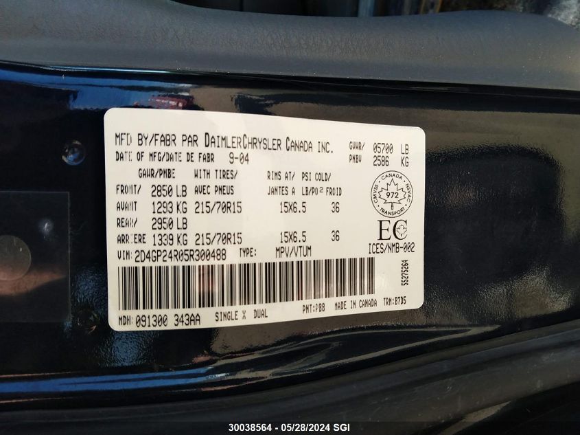 2005 Dodge Grand Caravan Se VIN: 2D4GP24R05R300488 Lot: 30038564