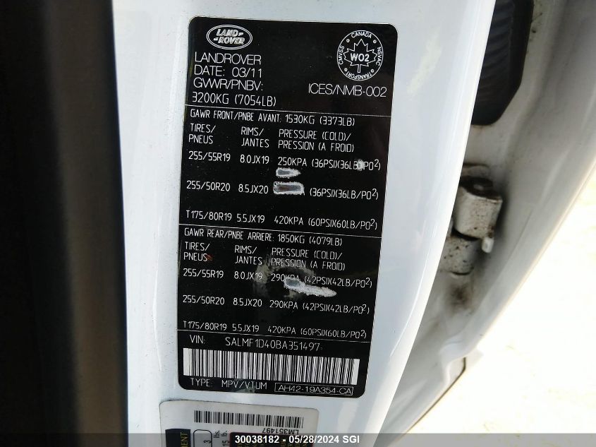 2011 Land Rover Range Rover Hse Luxury VIN: SALMF1D40BA351497 Lot: 30038182