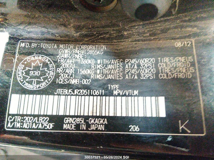 2013 Toyota 4Runner Sr5/Limited/Trail VIN: JTEBU5JR2D5110611 Lot: 30037521