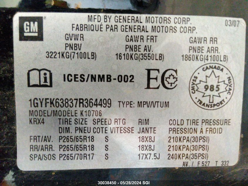 2007 Cadillac Escalade Luxury VIN: 1GYFK63837R364499 Lot: 30038450