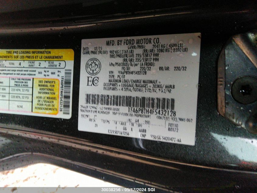 2015 Ford Mustang VIN: 1FA6P8TH4F5432128 Lot: 30038256