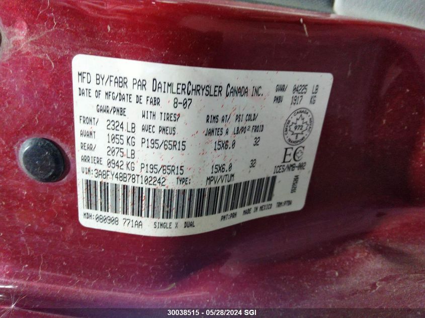 2008 Chrysler Pt Cruiser VIN: 3A8FY48B78T102242 Lot: 30038515