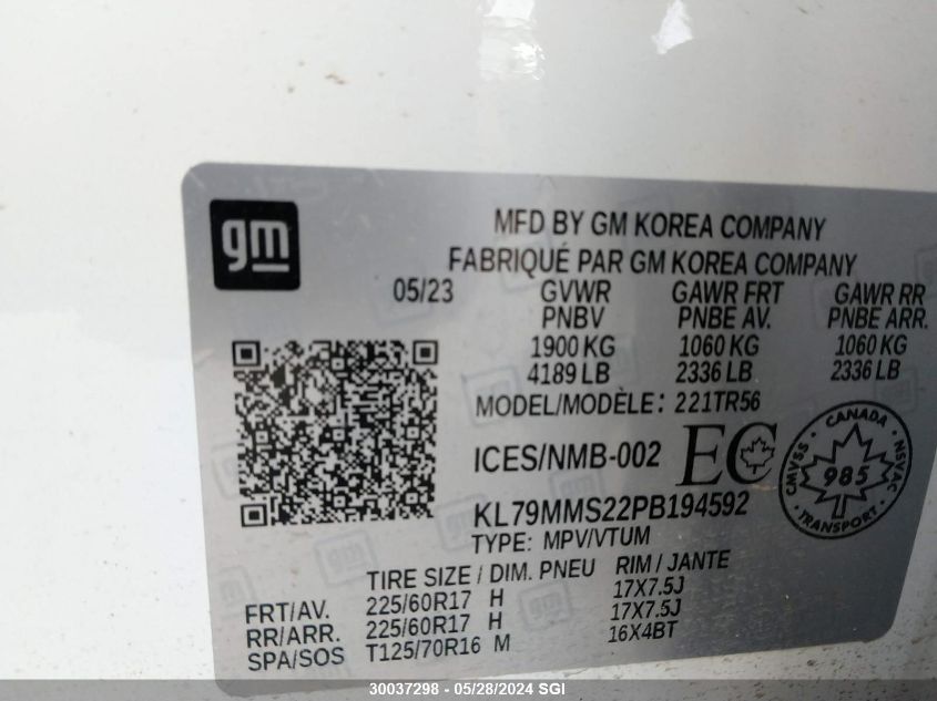 2023 Chevrolet Trailblazer Ls VIN: KL79MMS22PB194592 Lot: 30037298