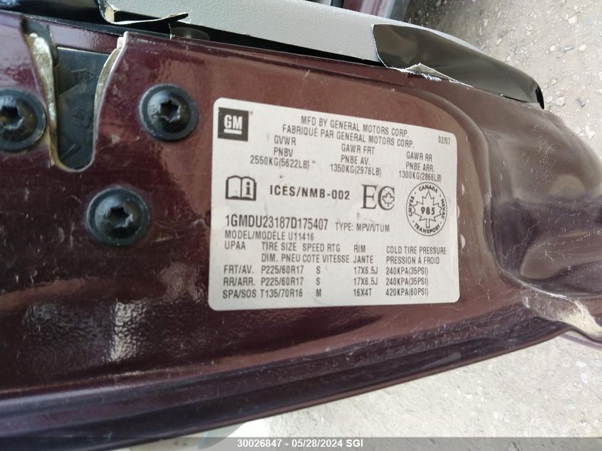 2007 Pontiac Montana Sv6 VIN: 1GMDU23187D175407 Lot: 30026847