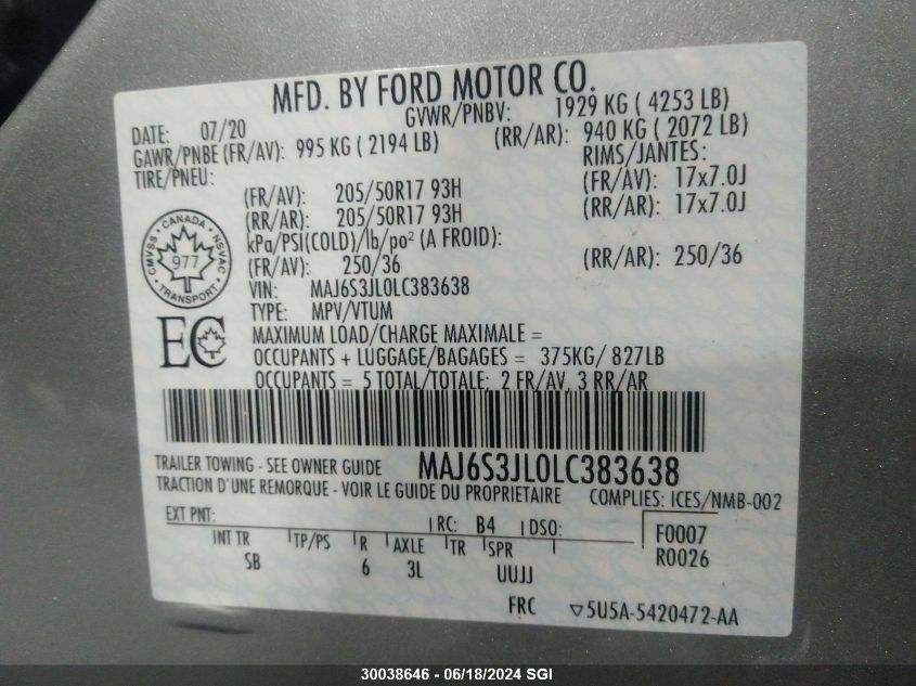 2020 Ford Ecosport Ses VIN: MAJ6S3JL0LC383638 Lot: 30038646