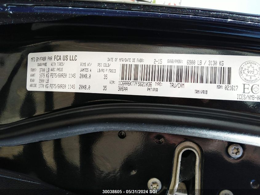 2015 Ram 1500 St VIN: 1C6RR6KT7FS621036 Lot: 30038605