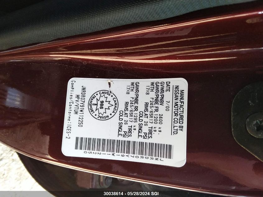 2001 Infiniti Qx4 VIN: JNRDR07Y91W112250 Lot: 30038614