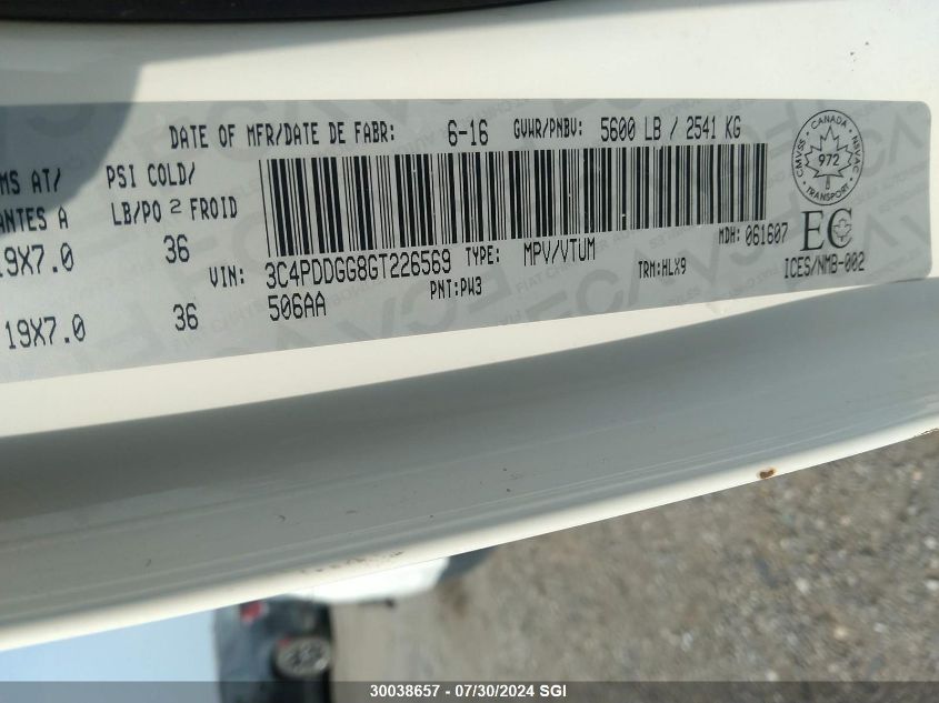 2016 Dodge Journey Crossroad VIN: 3C4PDDGG8GT226569 Lot: 30038657