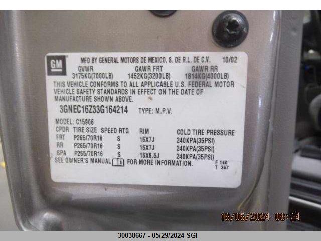 2003 Chevrolet Suburban C1500 VIN: 3GNEC16Z33G164214 Lot: 30038667
