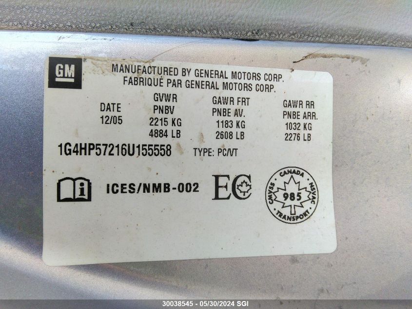 2006 Buick Lucerne Cx VIN: 1G4HP57216U155558 Lot: 30038545