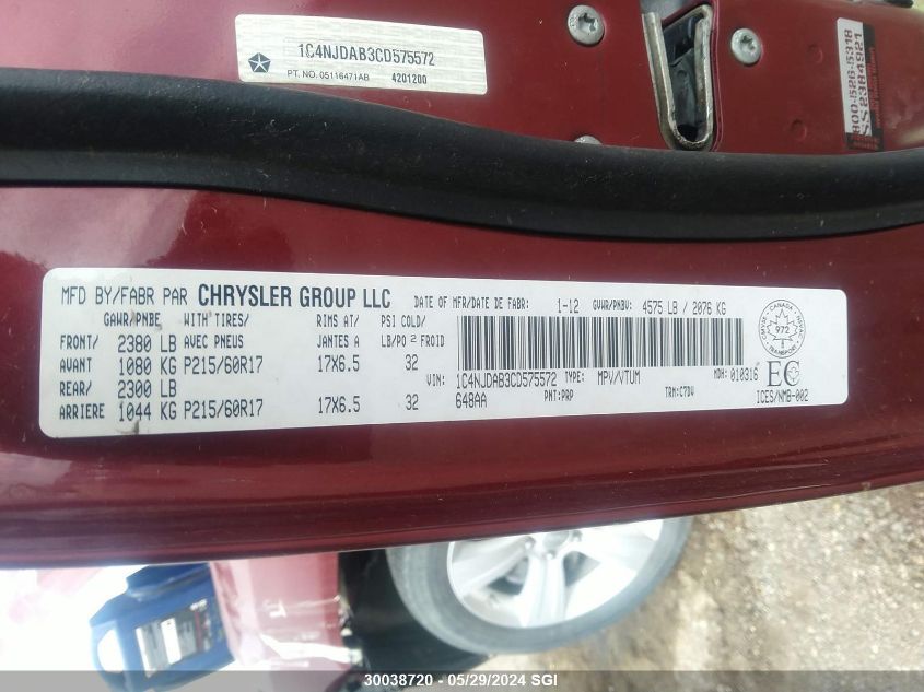 2012 Jeep Compass VIN: 1C4NJDAB3CD575572 Lot: 30038720