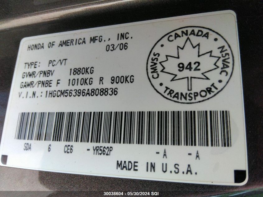 2006 Honda Accord Se VIN: 1HGCM56396A808836 Lot: 30038604