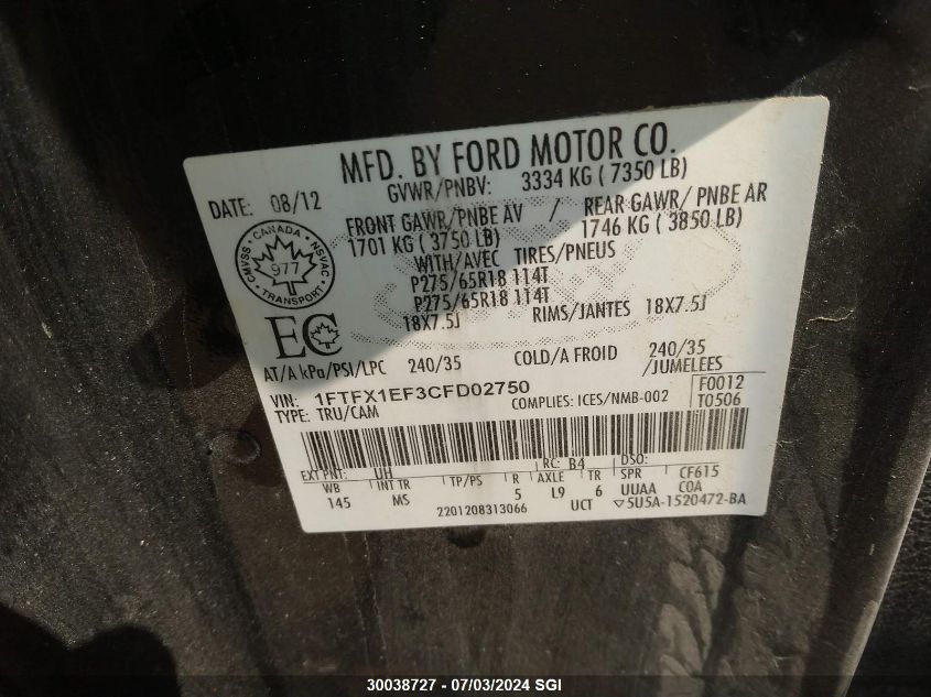 2012 Ford F150 Super Cab VIN: 1FTFX1EF3CFD02750 Lot: 30038727