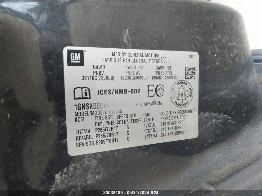 2011 Chevrolet Tahoe K1500 Lt VIN: 1GNSKBE01BR180845 Lot: 30038189