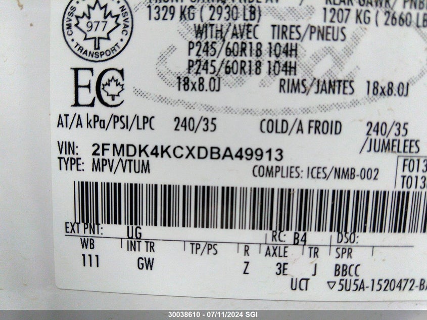 2013 Ford Edge Limited VIN: 2FMDK4KCXDBA49913 Lot: 30038610