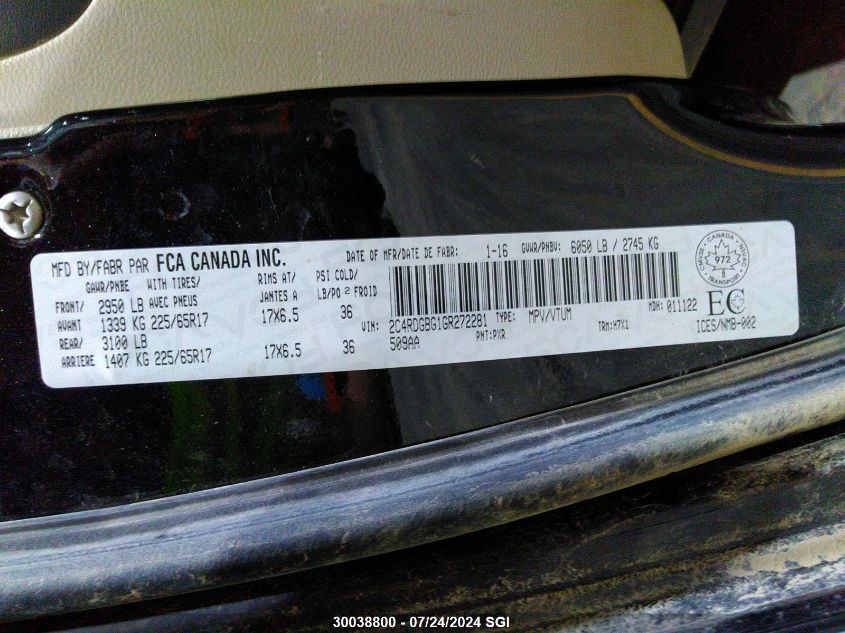 2016 Dodge Grand Caravan Se VIN: 2C4RDGBG1GR272281 Lot: 30038800