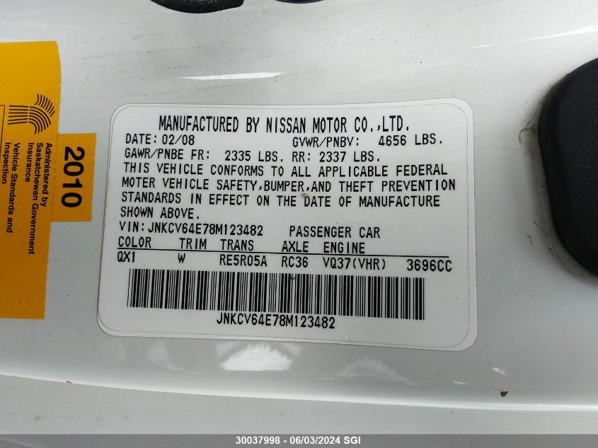 2008 Infiniti G37 Journey/Sport VIN: JNKCV64E78M123482 Lot: 30037998