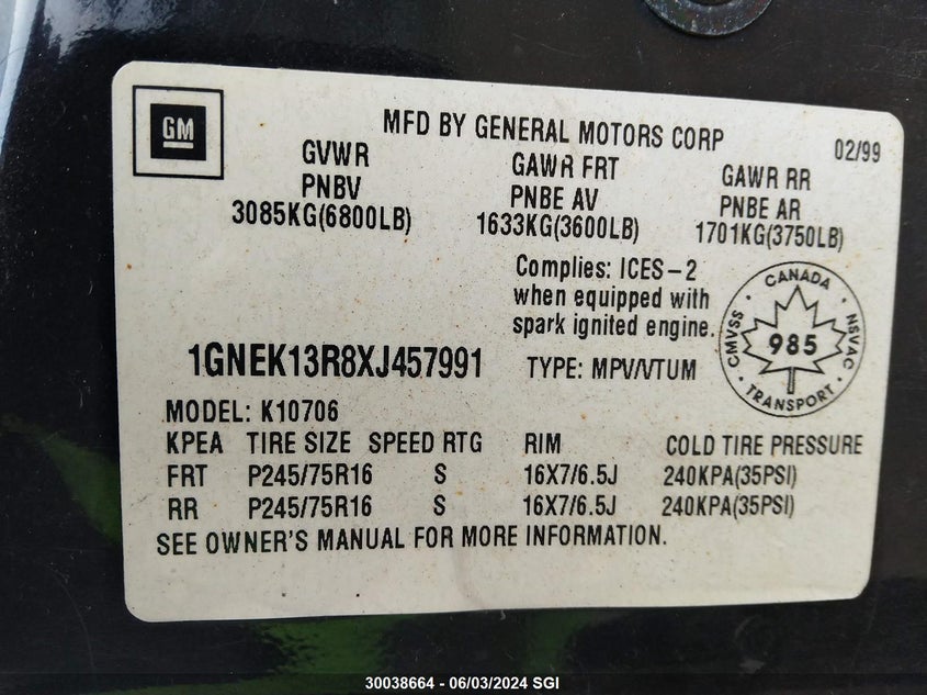1999 Chevrolet Tahoe K1500 VIN: 1GNEK13R8XJ457991 Lot: 30038664